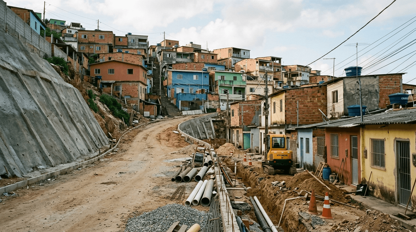 Obras de contenção de encosta e implantação de rede de esgotamento sanitário em bairro de periferia — o contexto típico do trabalho técnico social.