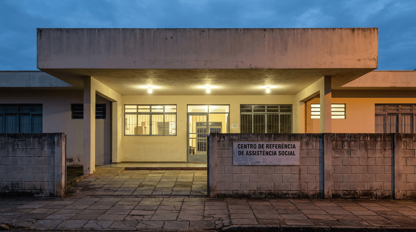 Fachada de Centro de Referência de Assistência Social ao anoitecer.