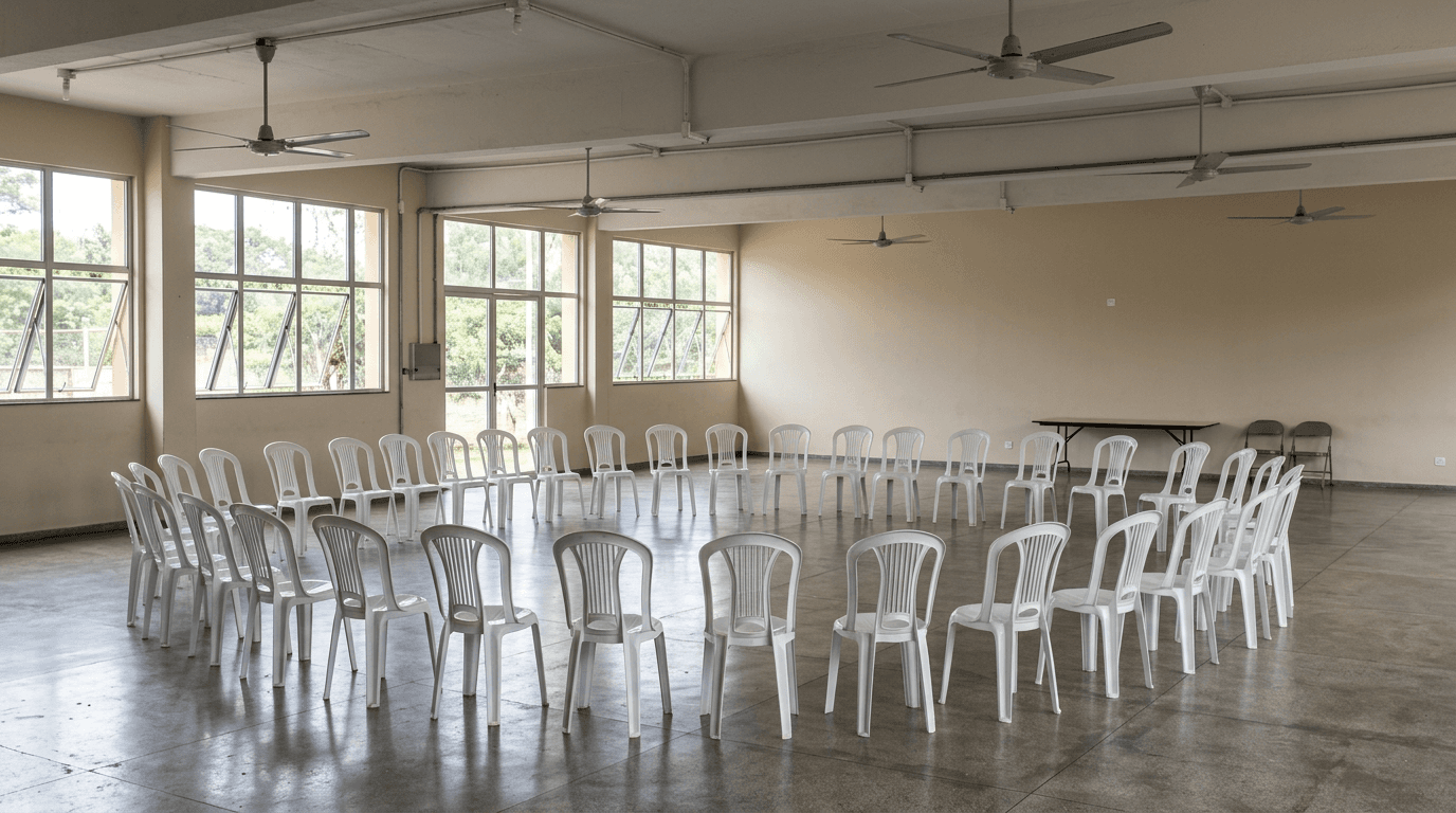 Salão comunitário vazio, com cadeiras dispostas em círculo para assembleia.