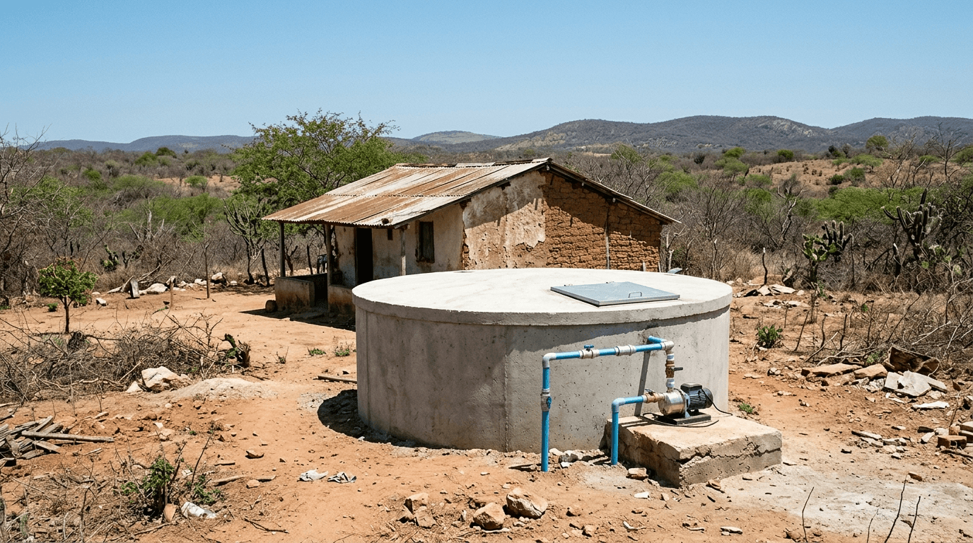 Cisterna de concreto recém-construída junto a casa rural no sertão.