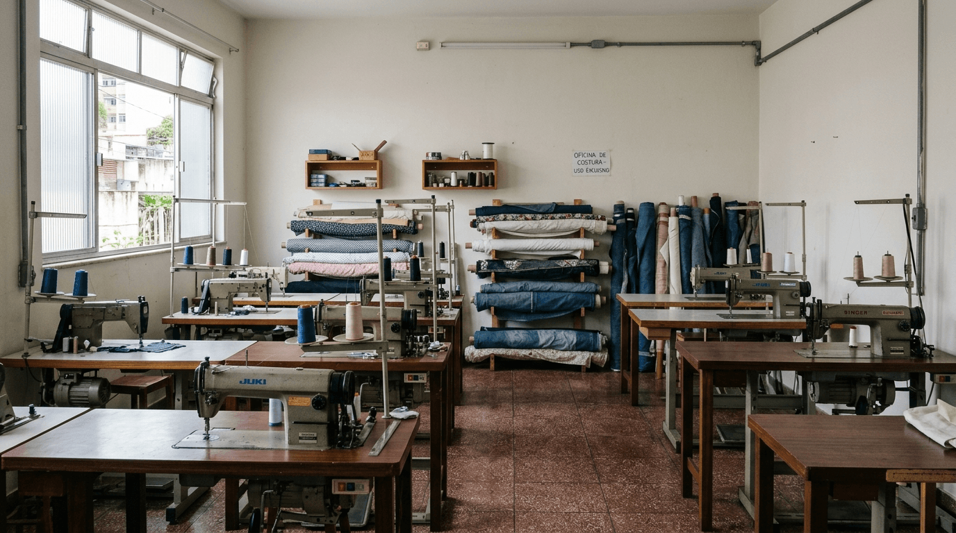 Oficina de costura vazia em centro comunitário, com máquinas industriais.
