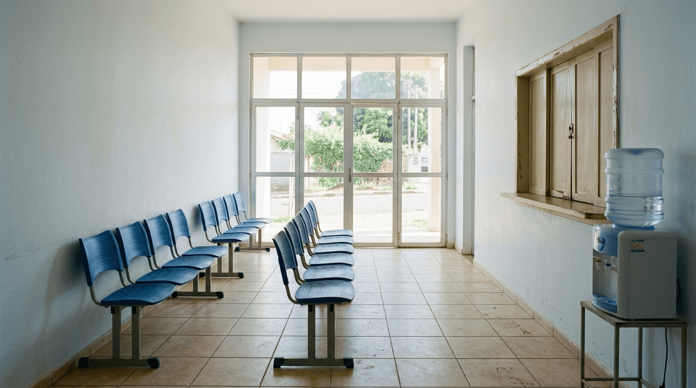 Sala de espera vazia de um equipamento público de atendimento social.